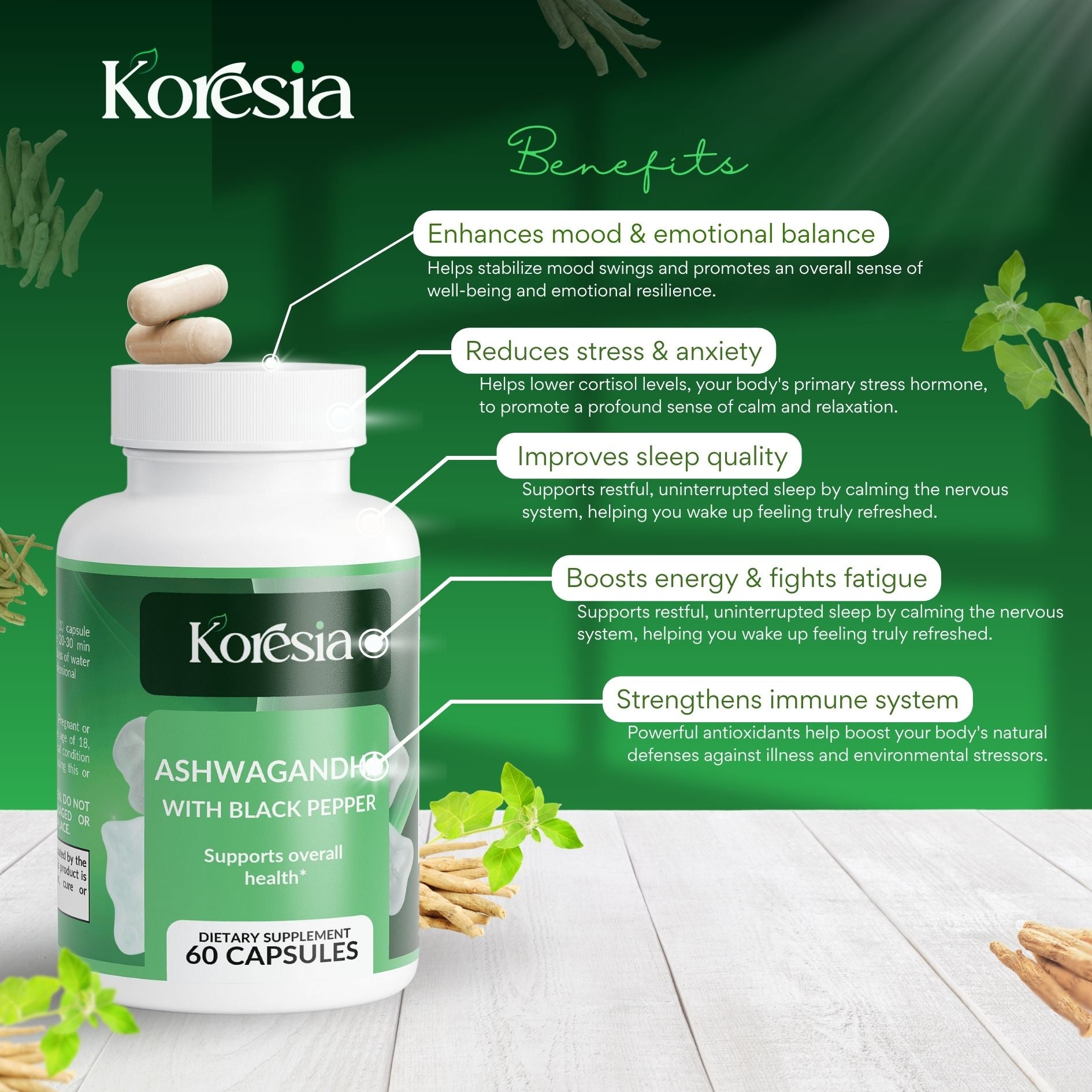 Ashwagandha capsules with black pepper for stress relief and better sleep