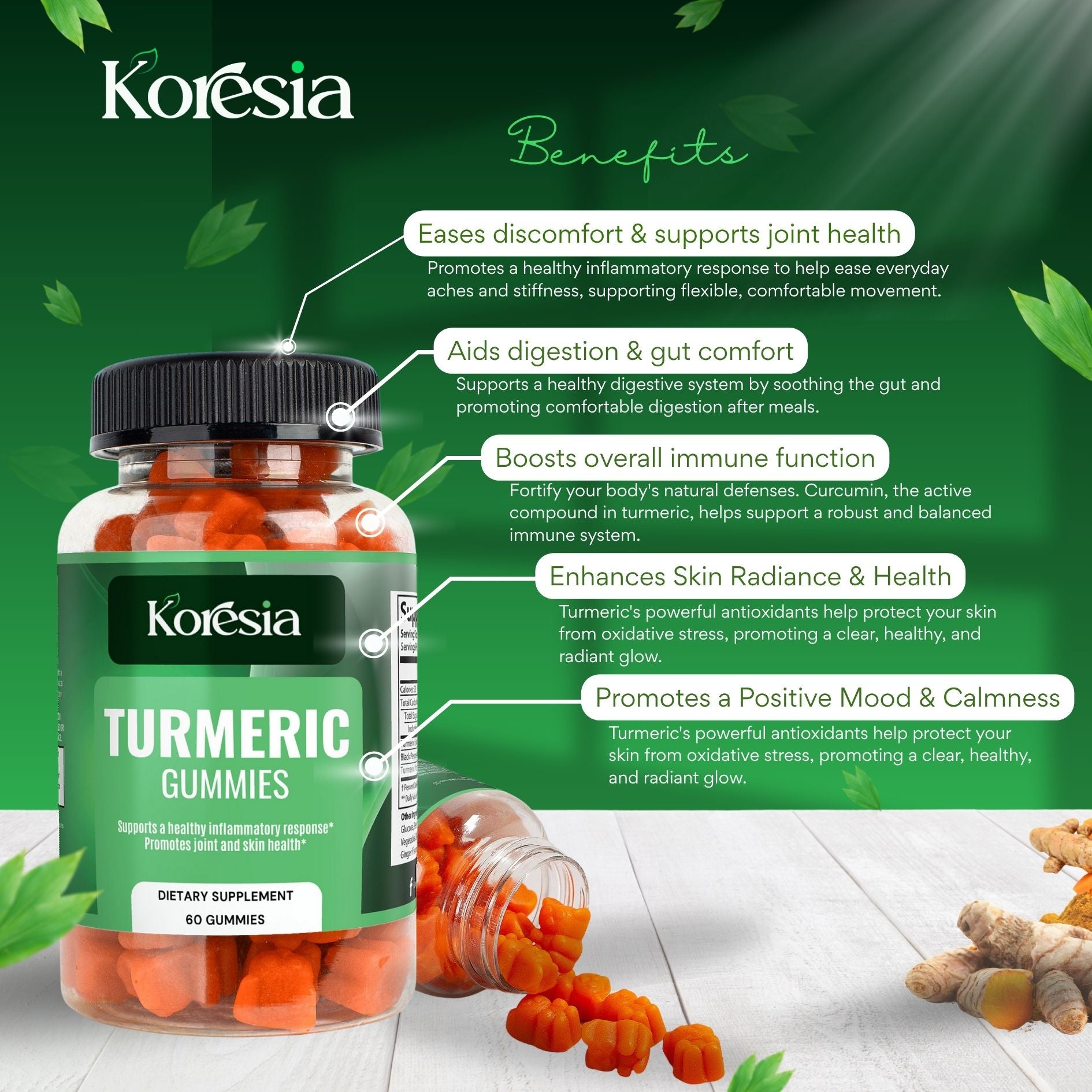 Koresia Turmeric Gummies bottle for joint support and anti-inflammatory benefits